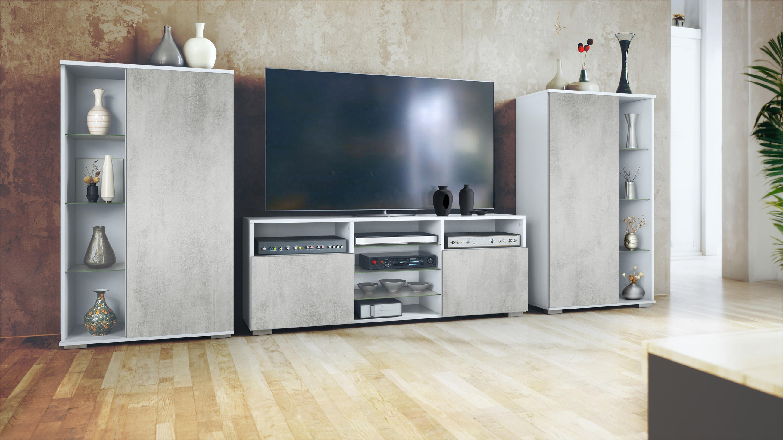 WOHNWAND Davos Beton Oxid Optik - Hellgrau, Holzwerkstoff (329/134/35cm) - Vladon