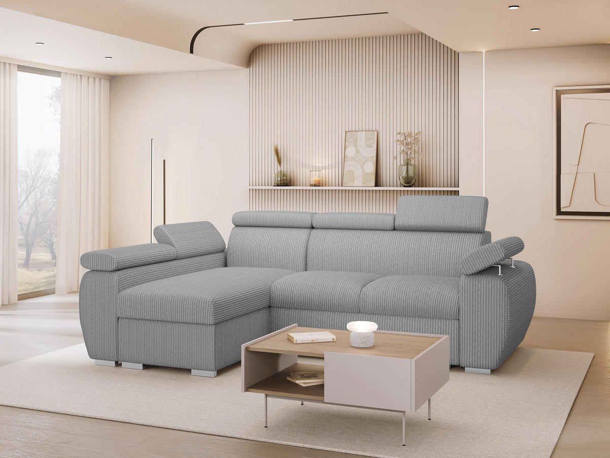 ECKSOFA Boston Mini Premium Cord 2RLC, Seite: Links LC+2R - Chromfarben/Hellgrau, Holz/Textil (255/170cm) - MIRJAN24