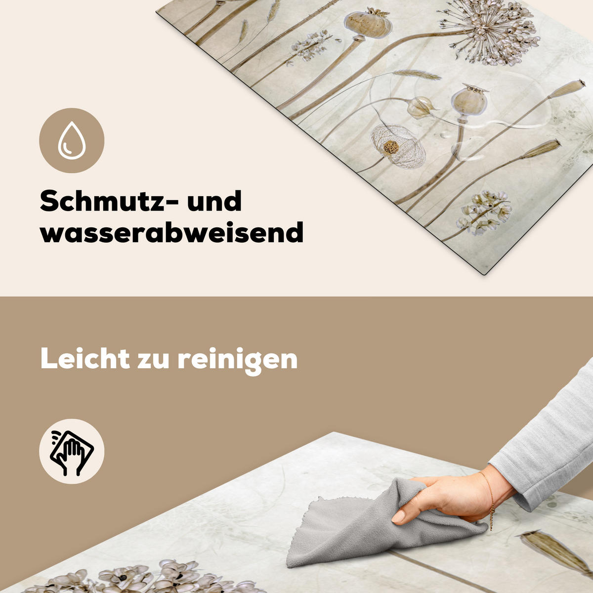 HERDABDECKPLATTE Blumen - Aquarell - Stilleben - Braun - Vintage 91x52 cm - Sandfarben, Kunststoff (91.2/52/0.2cm) - MuchoWow