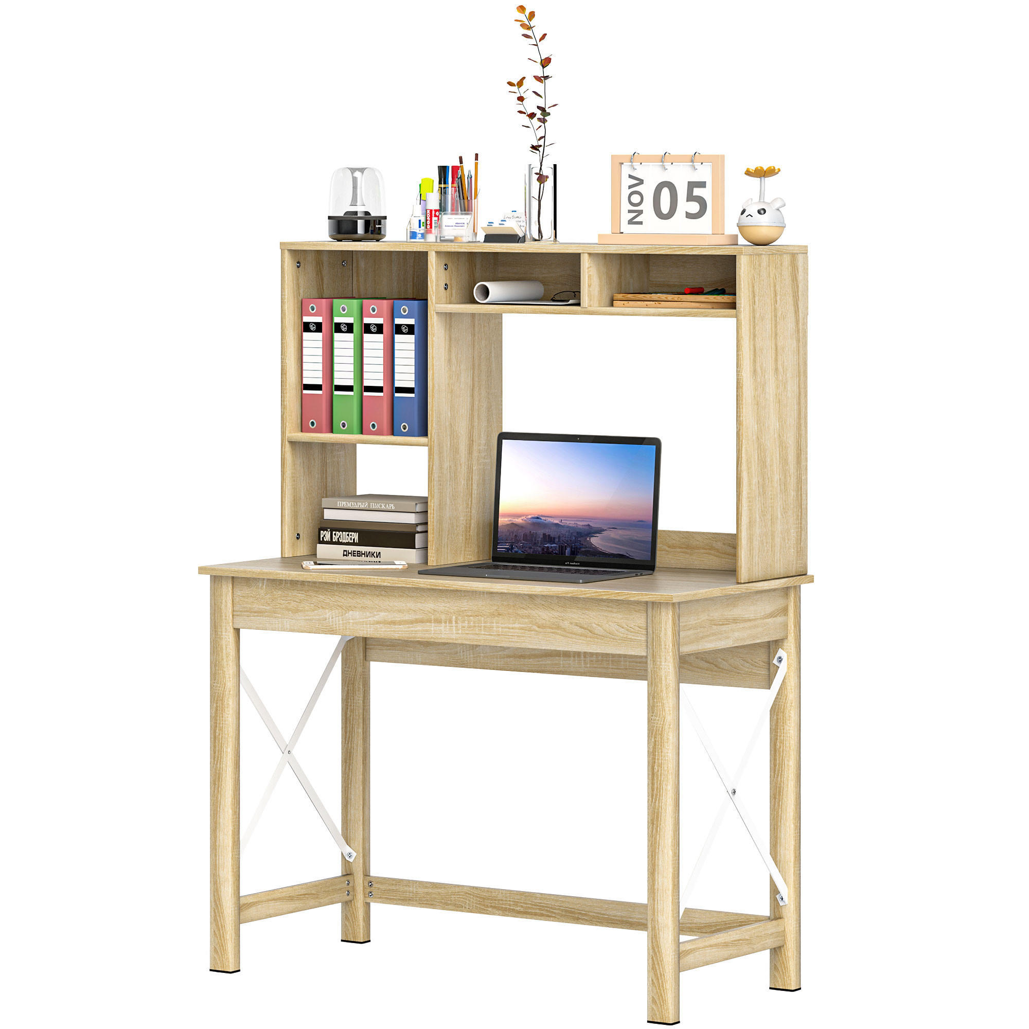 SCHREIBTISCH Eichenoptik mit integriertem Regal und Metallgestell 105/50/137,5 cm - Eichefarben, Holzwerkstoff (50/105/137.5cm) - PANGIVO