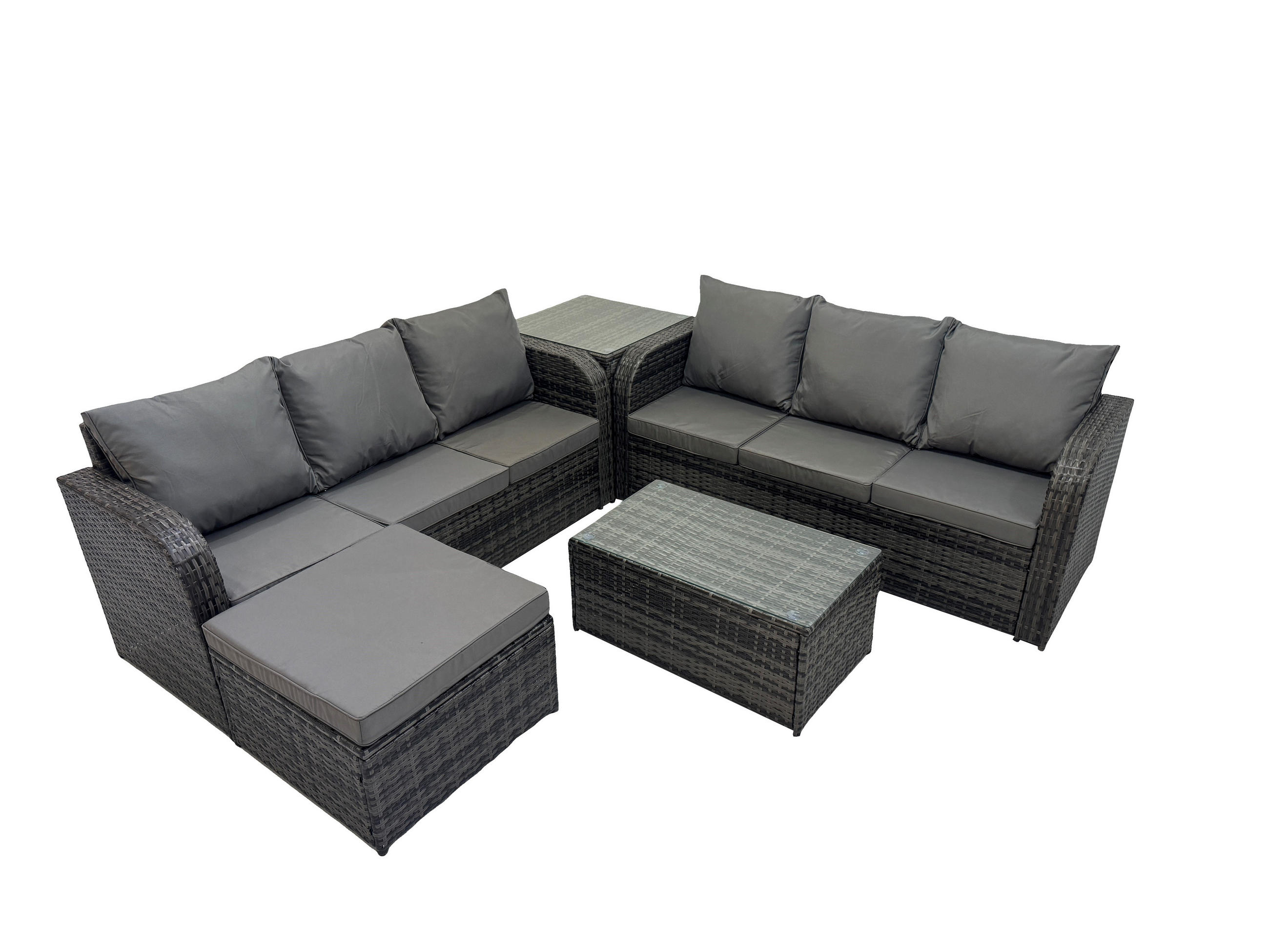 GARTENMÖBEL-SET mit Kissen Polyrattan Dunkelgrau 7-Sitzer - Dunkelgrau/Grau, Glas/Kunststoff - Fimous