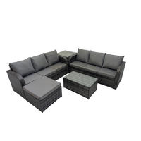 GARTENMÖBEL-SET mit Kissen Polyrattan Dunkelgrau 7-Sitzer - Dunkelgrau/Grau, Glas/Kunststoff - Fimous