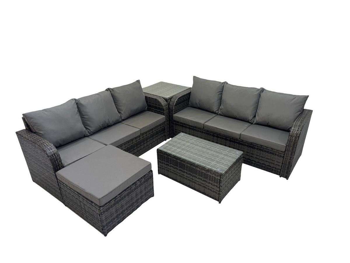 GARTENMÖBEL-SET mit Kissen Polyrattan Dunkelgrau 7-Sitzer - Dunkelgrau/Grau, Glas/Kunststoff - Fimous