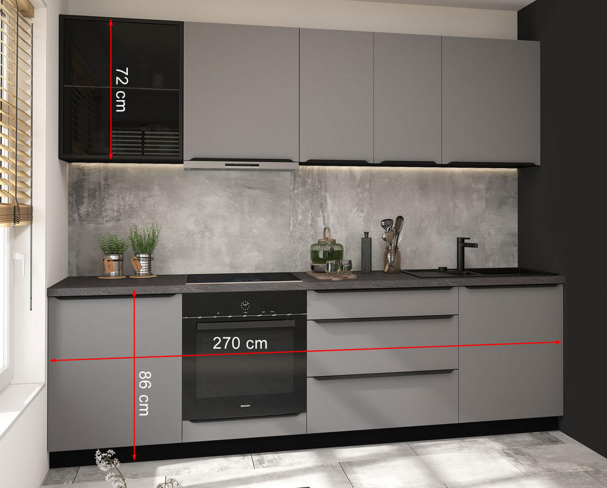 KÜCHENLEERBLOCK Bonn dust grey matt / lava matt 270 / 50 / 208cm mit Vollauszug (REJS Comfort Box) - Graphitfarben/Grau, Holzwerkstoff/Metall (270/208/50cm) - Feldmann-Wohnen