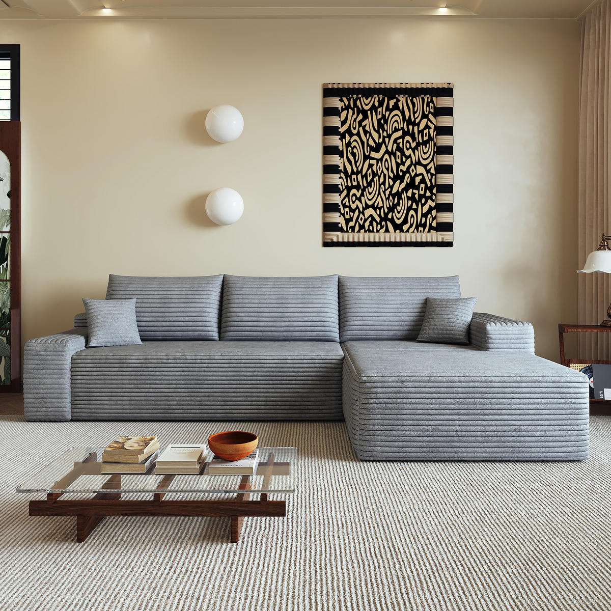 ECKSOFA 270/175/83 cm Grau Cord mit Chaiselongue, Rechte Seite - Grau, Textil (270/175cm) - Oxeza