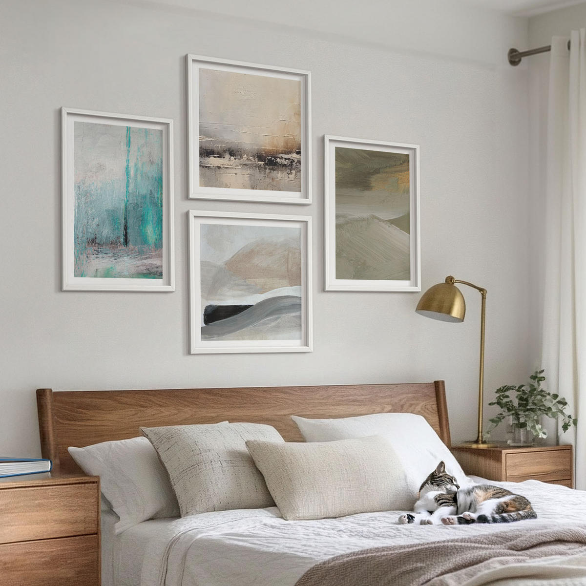 WANDBILDER 4er-Set - 50x50 cm & 40x60 cm Weißer Rahmen - Gemalte abstrakte Dekorationen - Weiß, Kunststoff (50/50cm) - ArtPrintCave