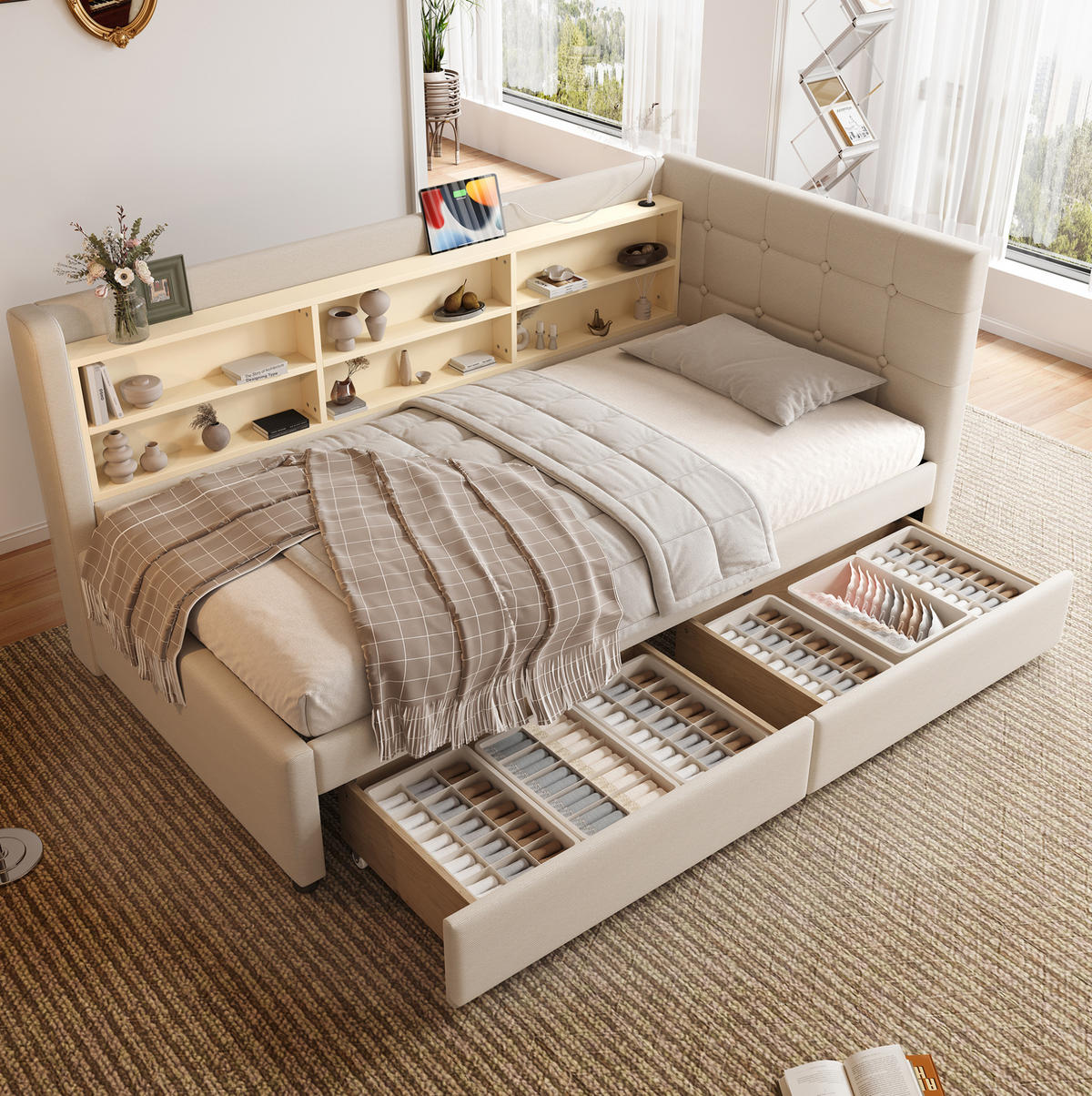 POLSTERBETT aus Leinen 90x200 cm in Beige mit USB-C & 2 Schubladen - Beige, Textil (90/200cm) - Modfu