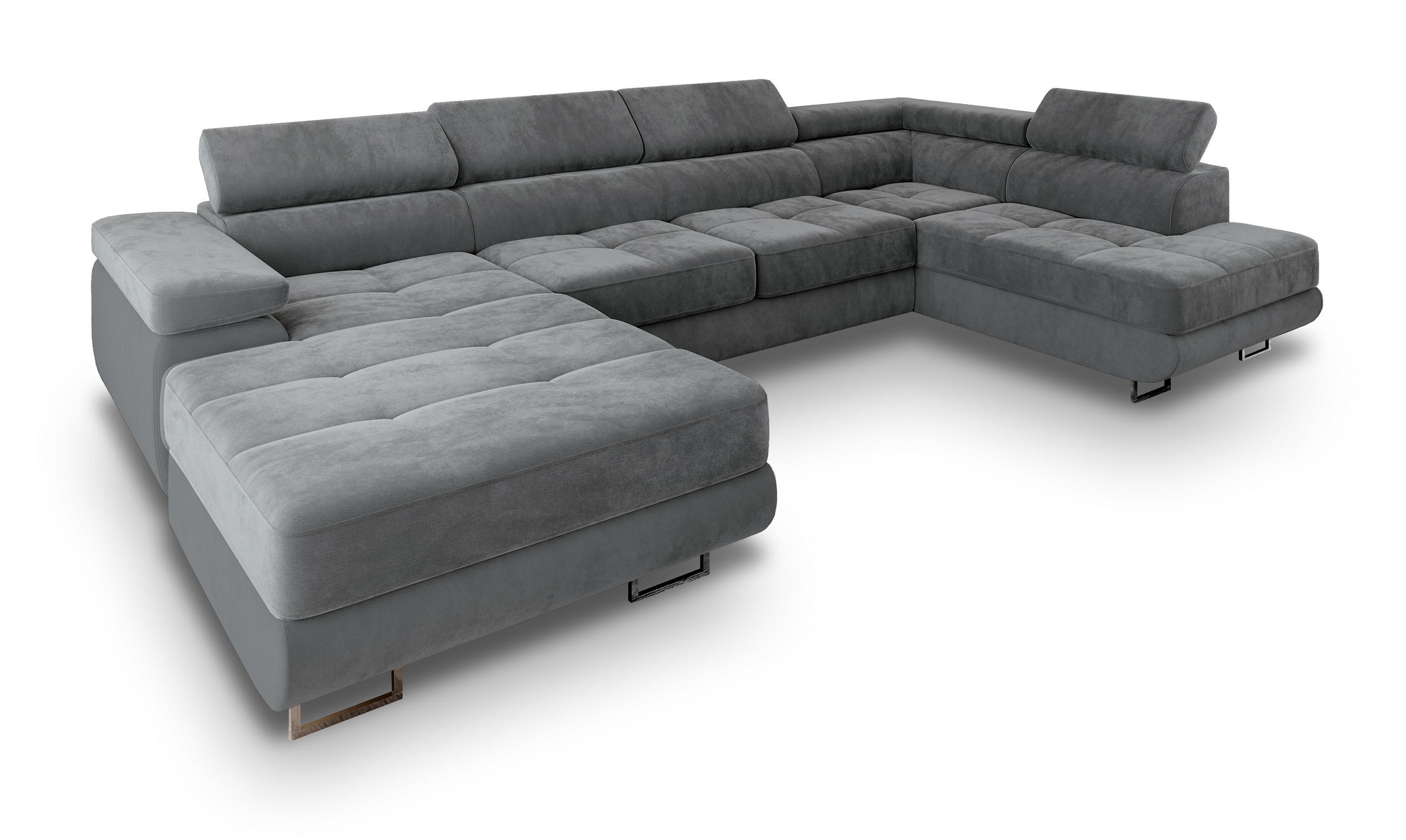 WOHNLANDSCHAFT CASONE R-S Grau Velours-Stoff mit Schlaffunktion - Grau, Holz (345/90/202cm) - MASSENO