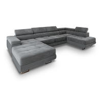 WOHNLANDSCHAFT CASONE R-S Grau Velours-Stoff mit Schlaffunktion - Grau, Holz (345/90/202cm) - MASSENO