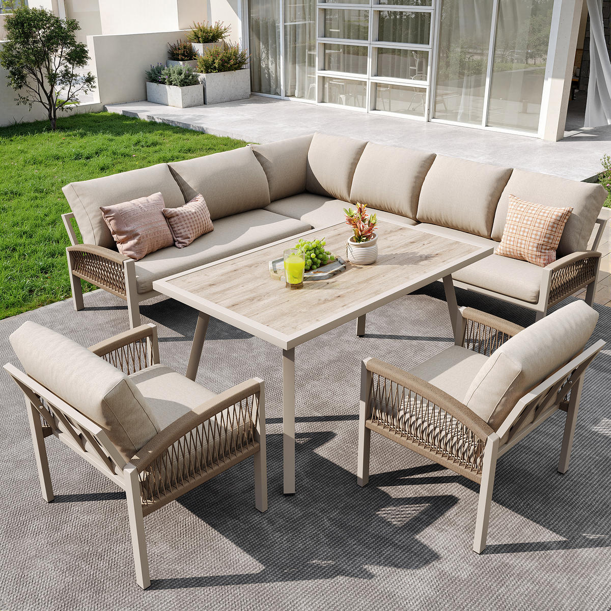 GARTENSET L-Form 8 Personen Beige Inkl. Tisch & 2 Sesseln - Beige, Metall - FLIEKS