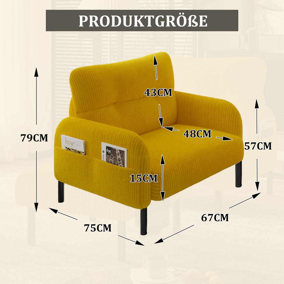 SESSEL Loungesessel,Polstersessel,Cord,Gelb - Gelb, Textil (67/79/75cm) - LVHOM