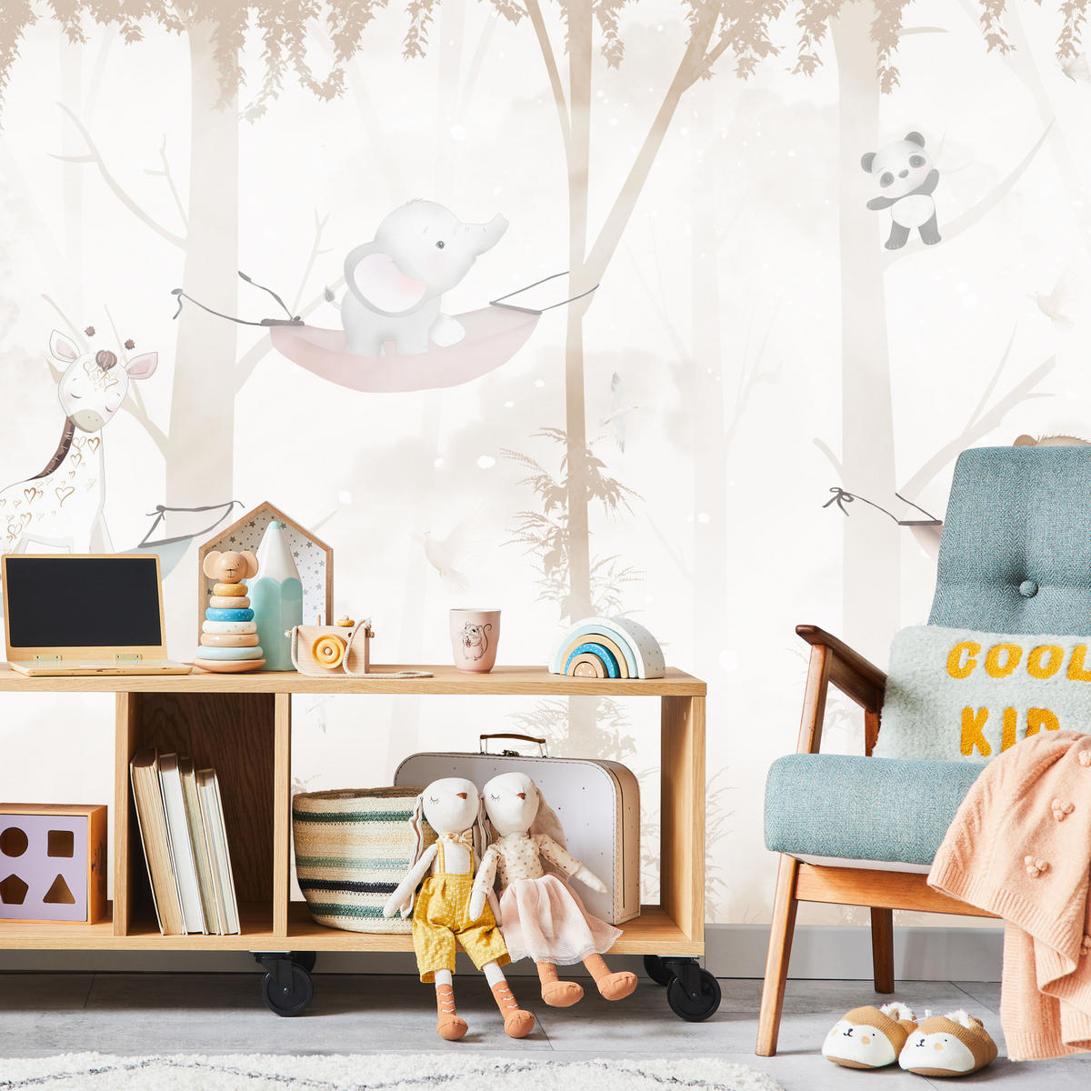 FOTOTAPETE für Kinderzimmer Tiere Hängematten WALD Elefant Giraffe 450x315 - Beige/Schwarz, Papier (450/315cm) - Muralo