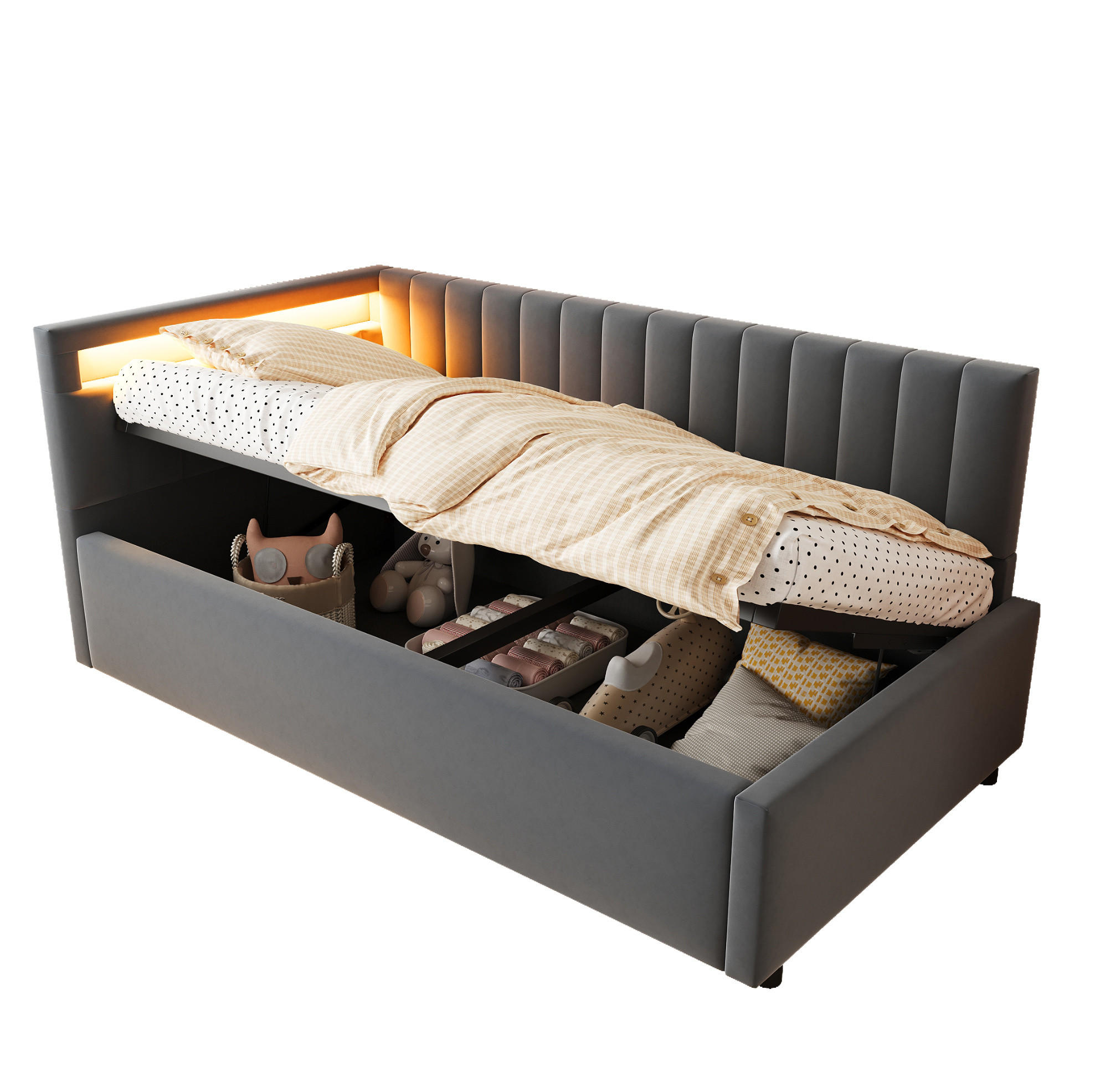 POLSTERBETT 90/200 cm grau aus Samtstoff mit LED und Stauraum - Grau, Textil (90/200cm) - OKWISH