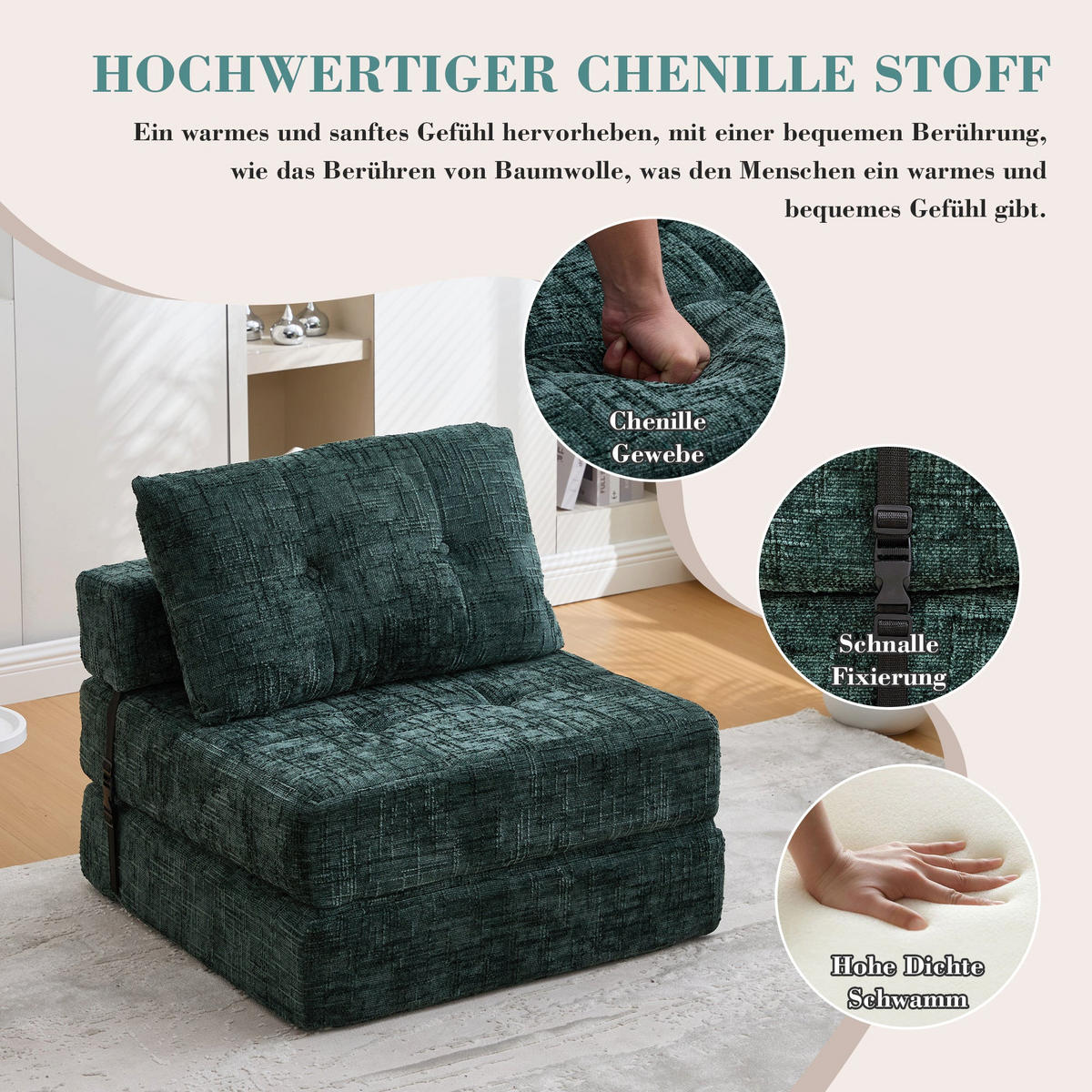 KLAPPBARER Chenille-Sessel mit Kissen, 79 x 79 x 57 cm, Grün - Dunkelgrün, Textil (79/57/79cm) - Urban Meuble