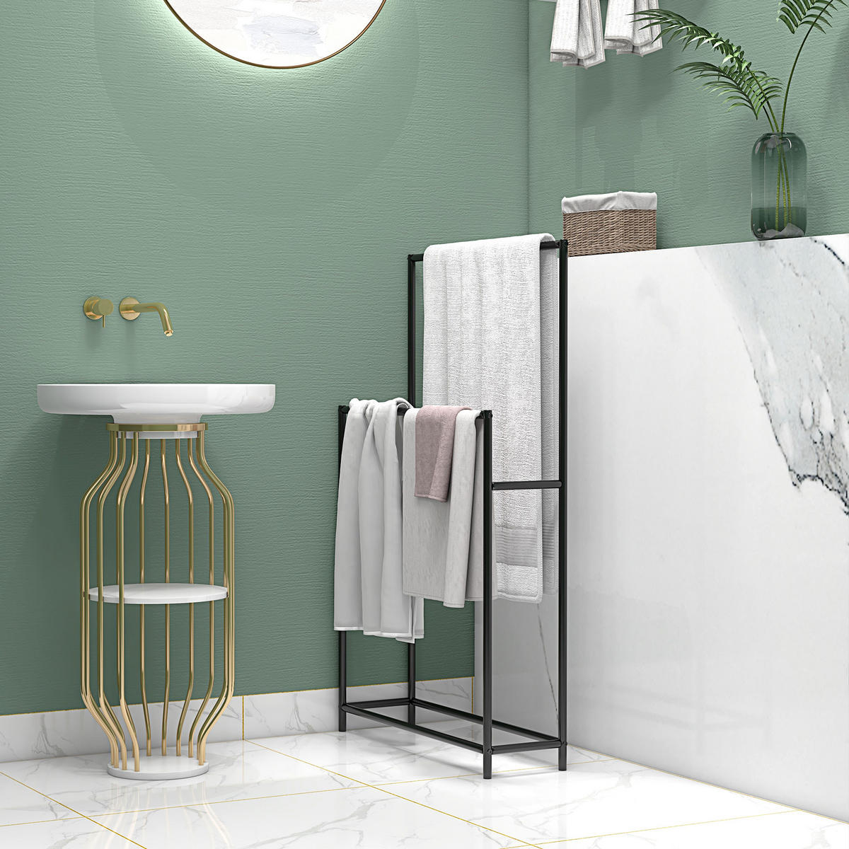 HANDTUCHHALTER, Freistehend Handtuchständer mit 2 Handtuchstangen, Metall, Schwarz - Schwarz, Metall (20/110/66cm) - HOMCOM