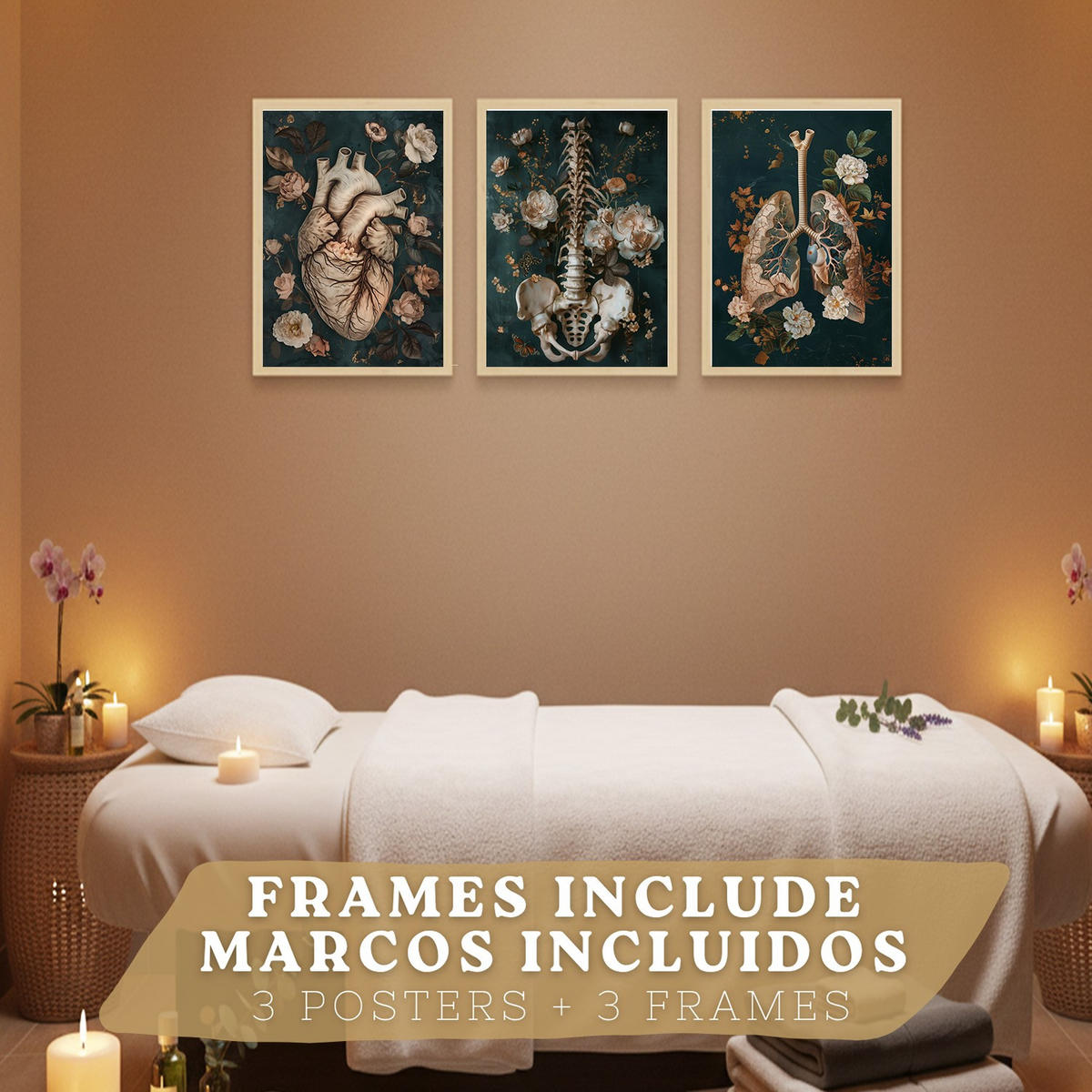 POSTER Set aus 3 Anatomie Mensch Drucke und Wandbilder mit Herz Atmungssystem und Skelett Botanischer Stil Wanddekoration Größe Leichter Holzrahmen A4 - Beige, Papier (21/29.7/3cm) - Nacnic
