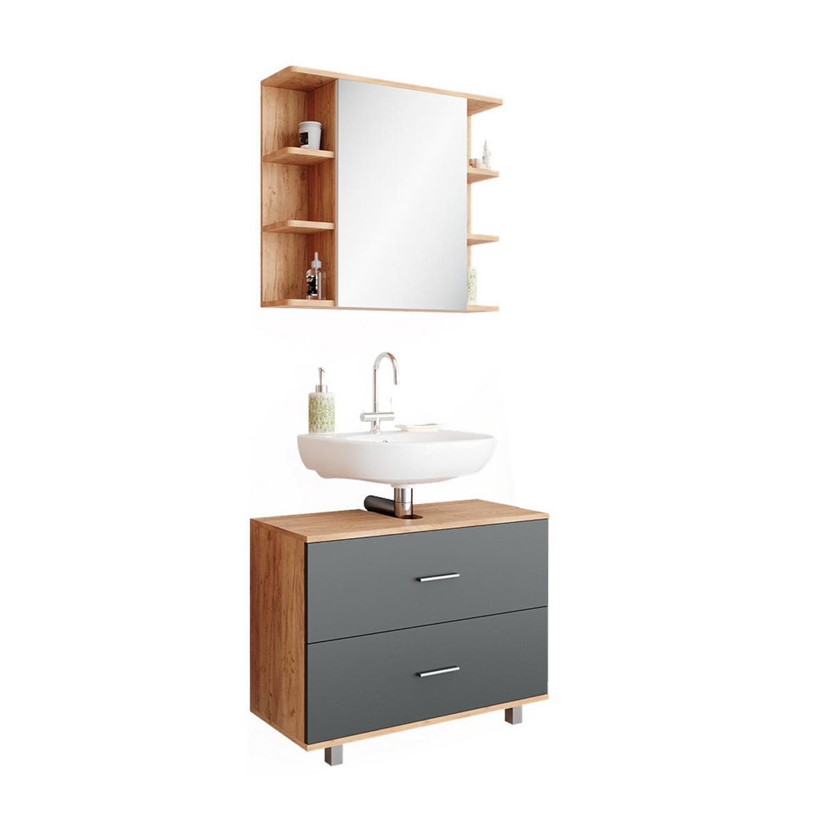 BADMÖBEL-SET Ilias Anthrazit/Goldkraft Eiche 2 Teile Unterschrank 80 cm - Anthrazit/Eiche Wotan, Holzwerkstoff (80.2/60.8/33cm) - Vicco