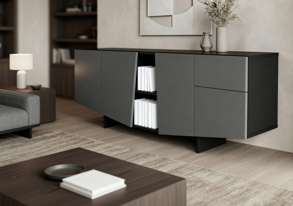 SIDEBOARD Wing, Asymmetrische Fronten, 200 cm, Schwarz und Grau - Schwarz/Grau, Holzwerkstoff (200.2/70/41.8cm) - Skandica