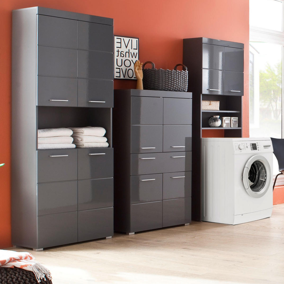 HOCHSCHRANK grau Hochglanz 73 x 190 cm, Badschrank 4-türig - Grau, Holzwerkstoff/Kunststoff (73/190/31cm) - Top.Furn