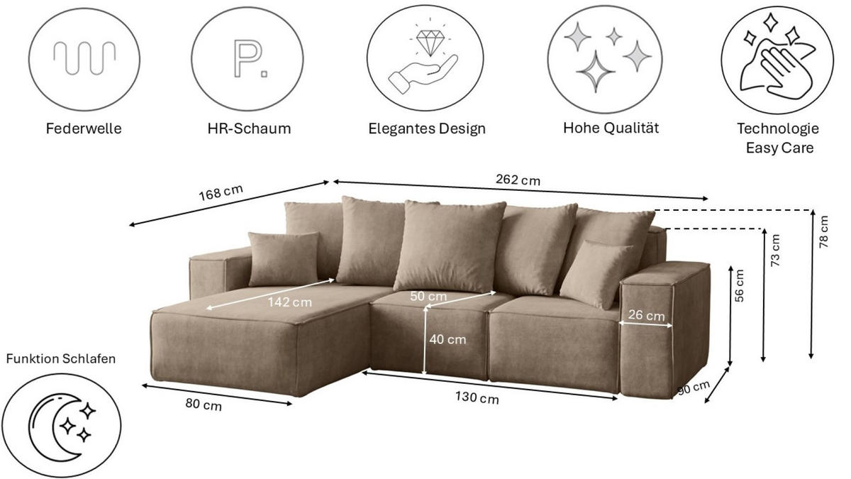 ECKSOFA L-Form Premium Kollektion ELLA Stoff Velours Noel Beige Links - Beige, Holz/Textil (168/262cm) - Kaiser Möbel