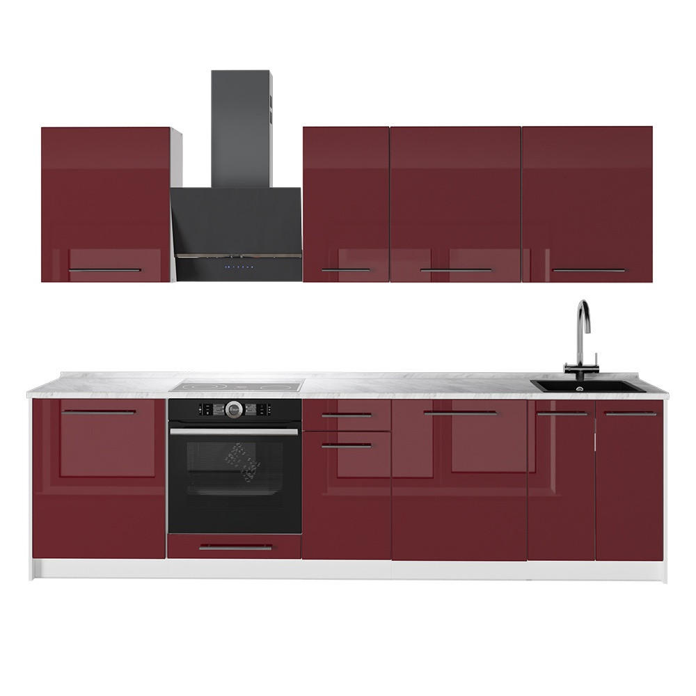KÜCHENZEILE Fame-Line, Bordeaux Hochglanz/Weiß, 280 cm ohne Arbeitsplatte - Bordeaux/Weiß, Holzwerkstoff (280/82/51.6cm) - Vicco