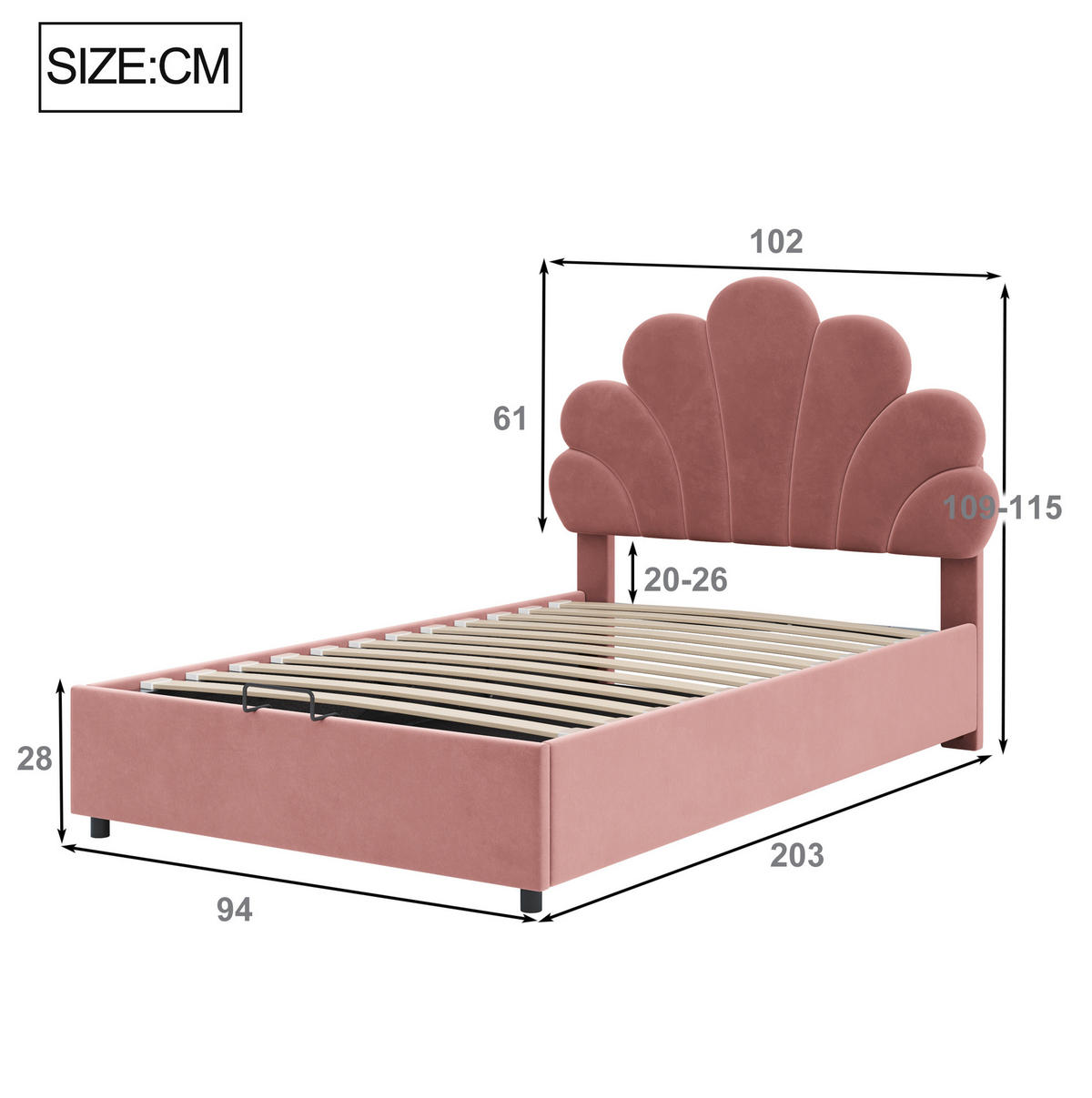 KINDERBETT Polsterbett 90/200 cm aus Samt mit floralem Kopfteil und hydraulischem Stauraum Rosa - Rosa, Textil (90/200cm) - Modenvie