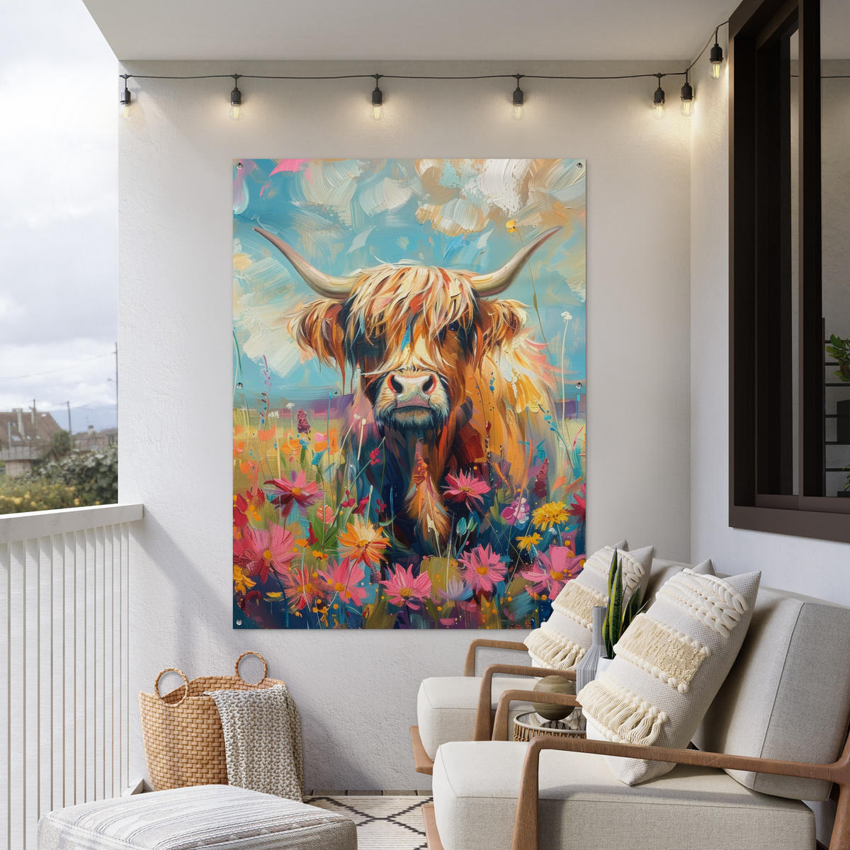 ZAHRADNÍ PLAKÁT Skotský horal - Příroda - Barevné - Květiny 120x160 cm - světle modrá, plast (120/160/0.2cm) - OnlyWow