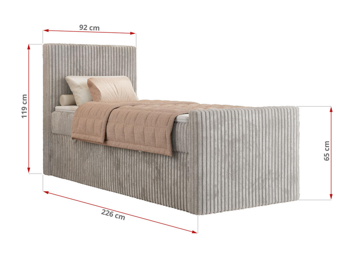 BOXBETT TILIANO DUO 90/200 - Hellgrau Cord - H3 - Topper Visco - Rechts Seite - Hellgrau, Textil (90/200cm) - MKS