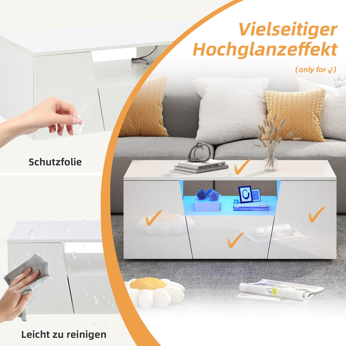 COUCHTISCH DE-098 LED Weiß - Weiß, Holzwerkstoff (50/100/40cm) - ComfortXL