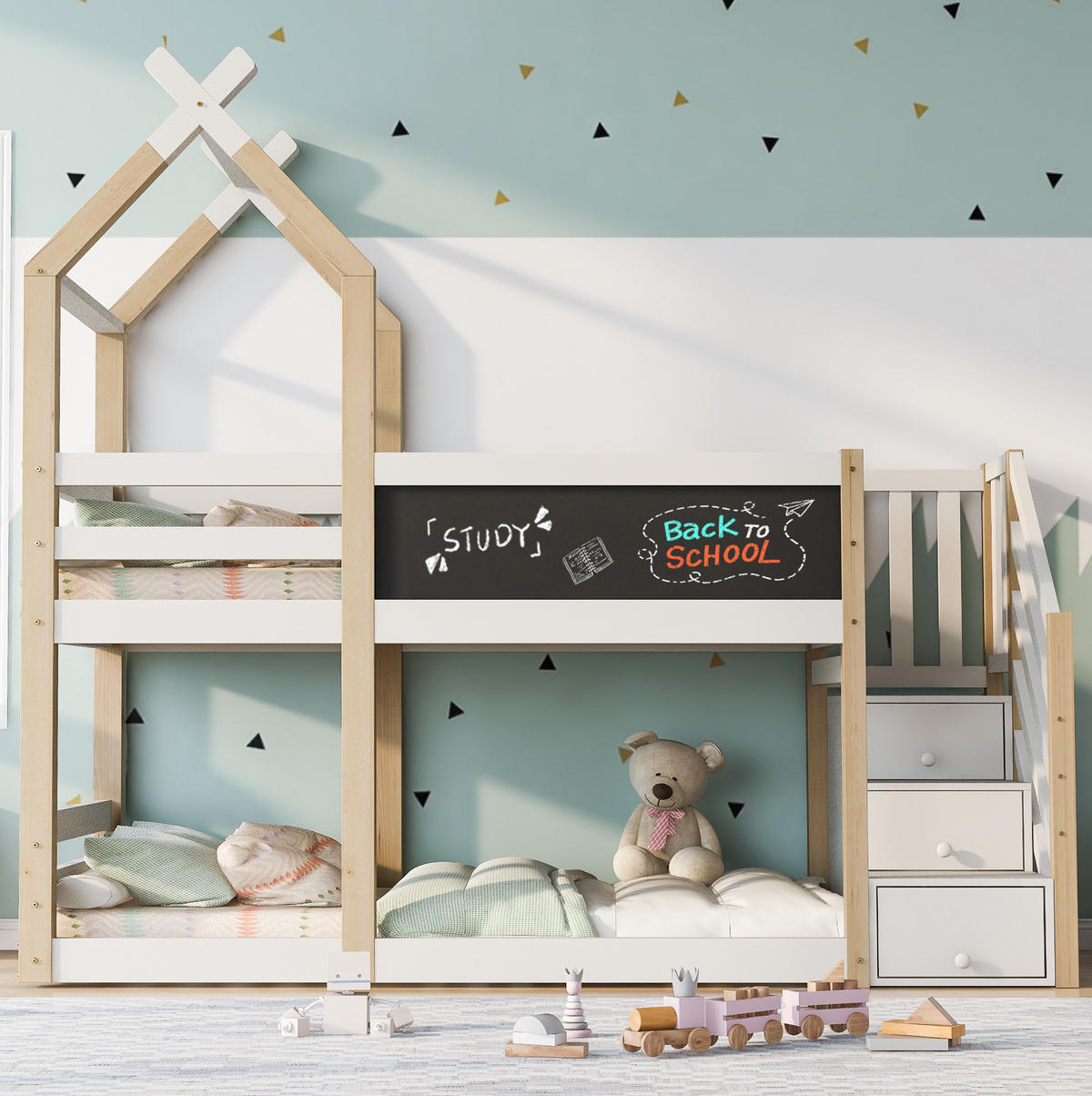 HOCHBETT 90/200 cm in Weiß mit Treppenschrank und Tafel im Baumhaus-Design - Weiß, Holzwerkstoff (90/200cm) - BEAOK