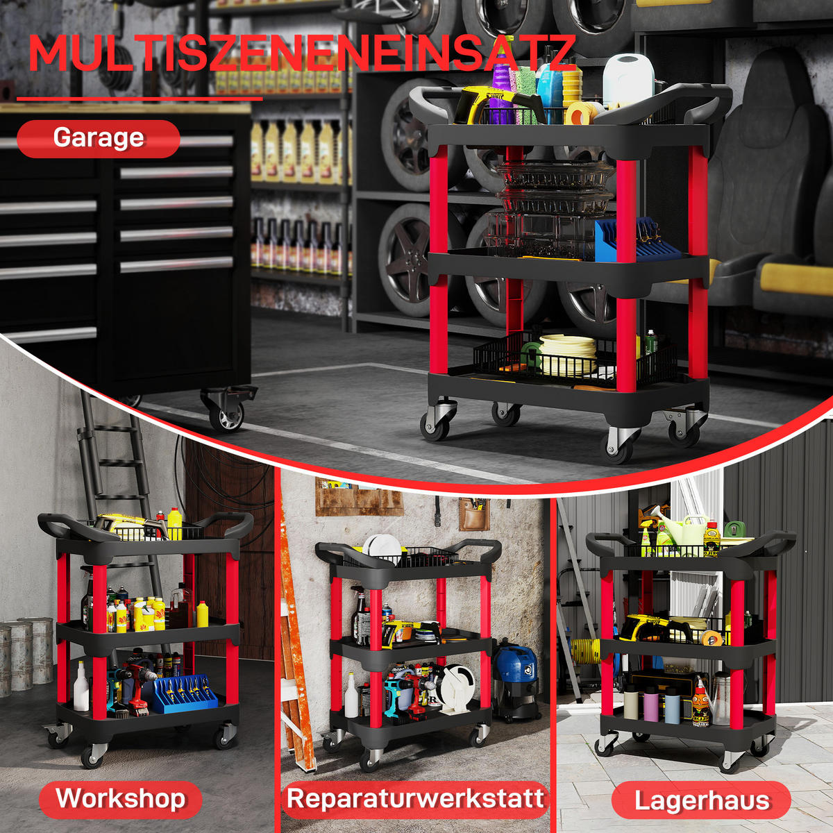 WERKSTATT-ROLLWAGEN mit 3 Ebenen Werkstattwagen mit Griff für Garage Schwarz - Schwarz, Kunststoff (43/96/81cm) - HOMCOM