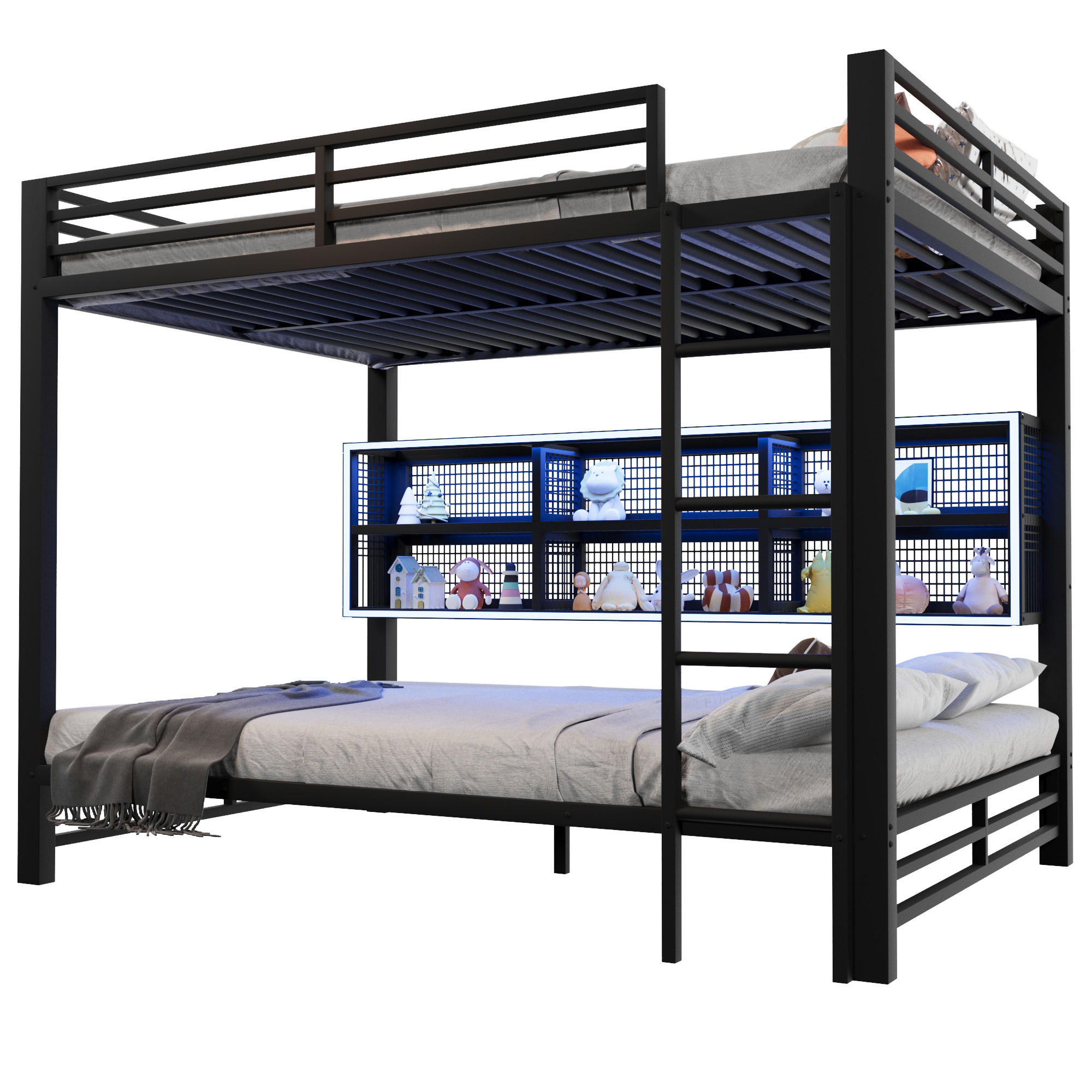 ETAGENBETT 140/200 cm in Schwarz mit 6 Schränken und LED - Schwarz, Metall (140/200cm) - CHICFURN