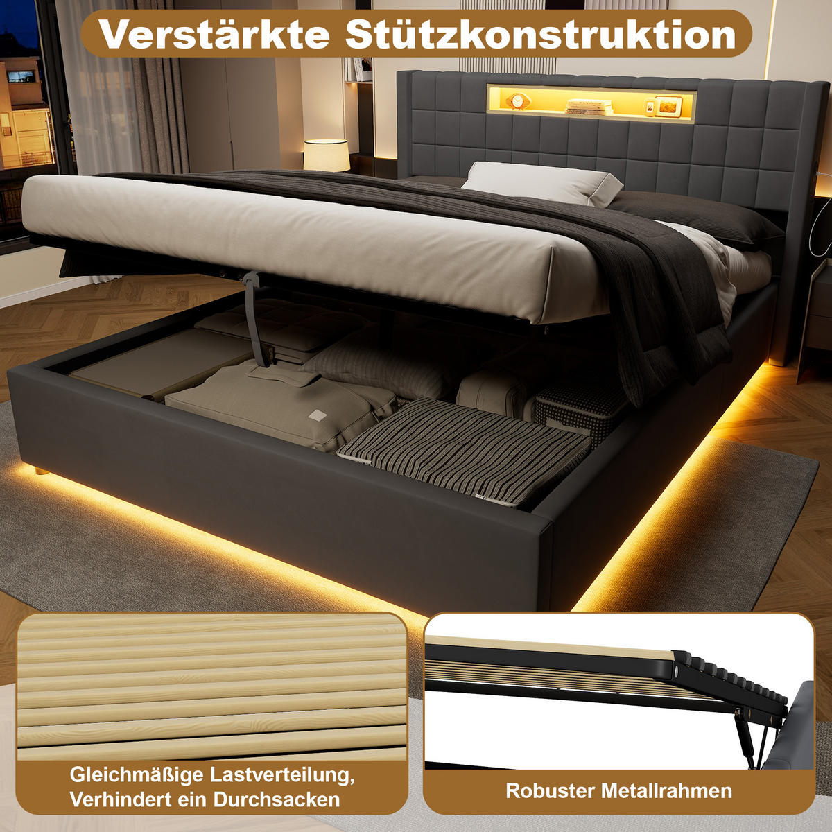 POLSTERBETT Dunkelgrau 214/171/98 cm aus Samt, hydraulischer Stauraum, LED und Ladeanschlüsse - Dunkelgrau, Textil (160/200cm) - Modenvie