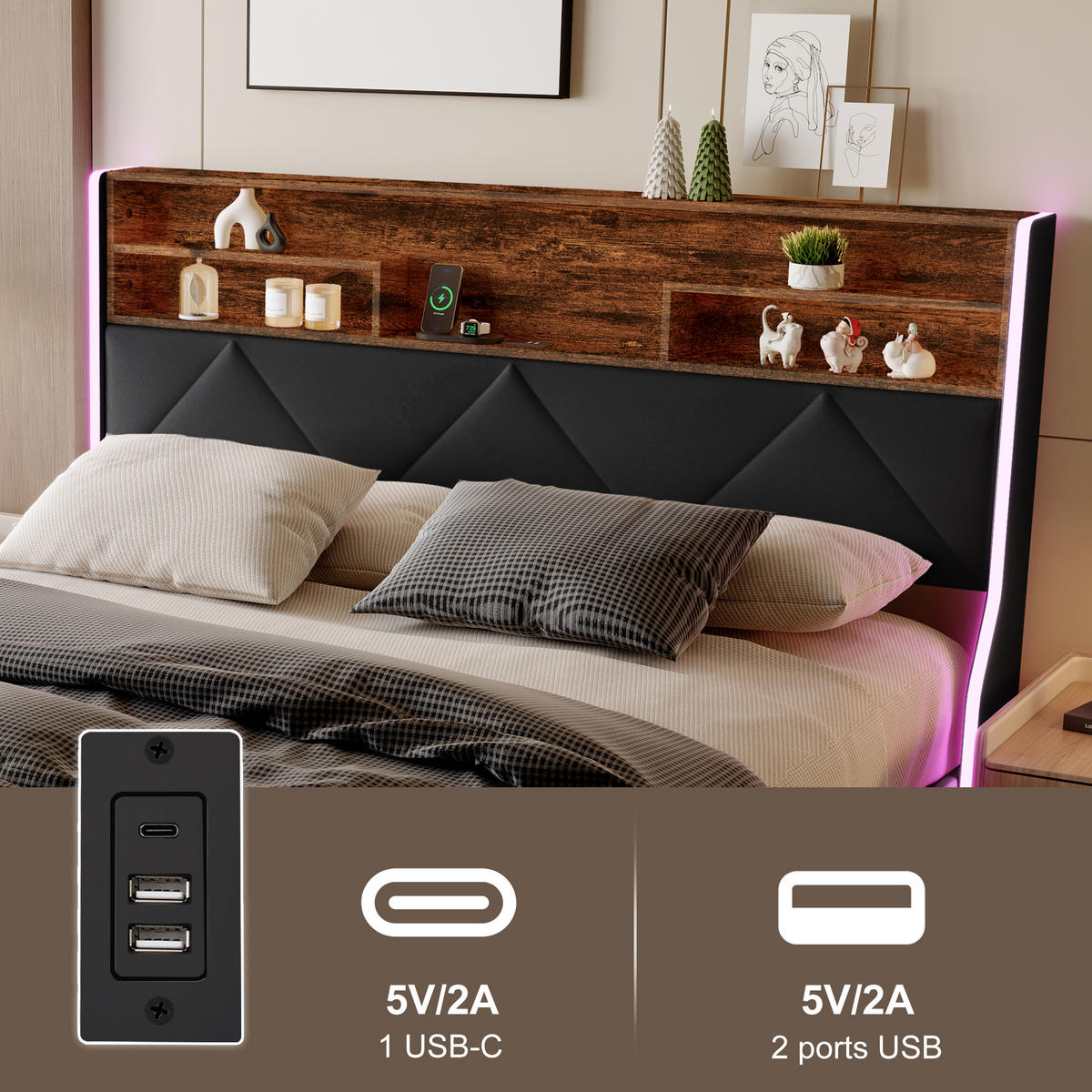 POLSTERBETT 160x200 cm LED USB Stauraum Lattenrost PU Leder schwarz - Schwarz, Holz (160/200cm) - LEBENLANG