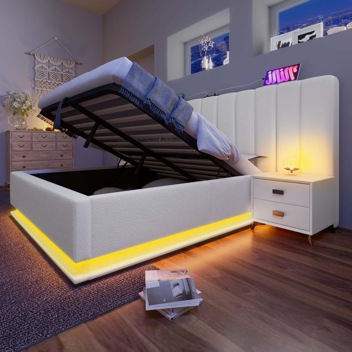 BETT mit Stauraum 160x200 cm PU Weiß mit LED und USB-C - Weiß, Metall (160/200cm) - Meubliv