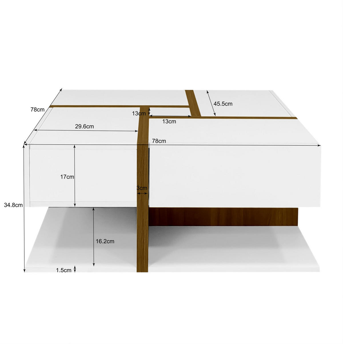 COUCHTISCH, Hochglanz weiß mit 4 Schubladen und Ablage, 78/78/34,8 cm, Weiß und Naturfarben - Naturfarben, Holzwerkstoff (78/78/34.8cm) - Redom