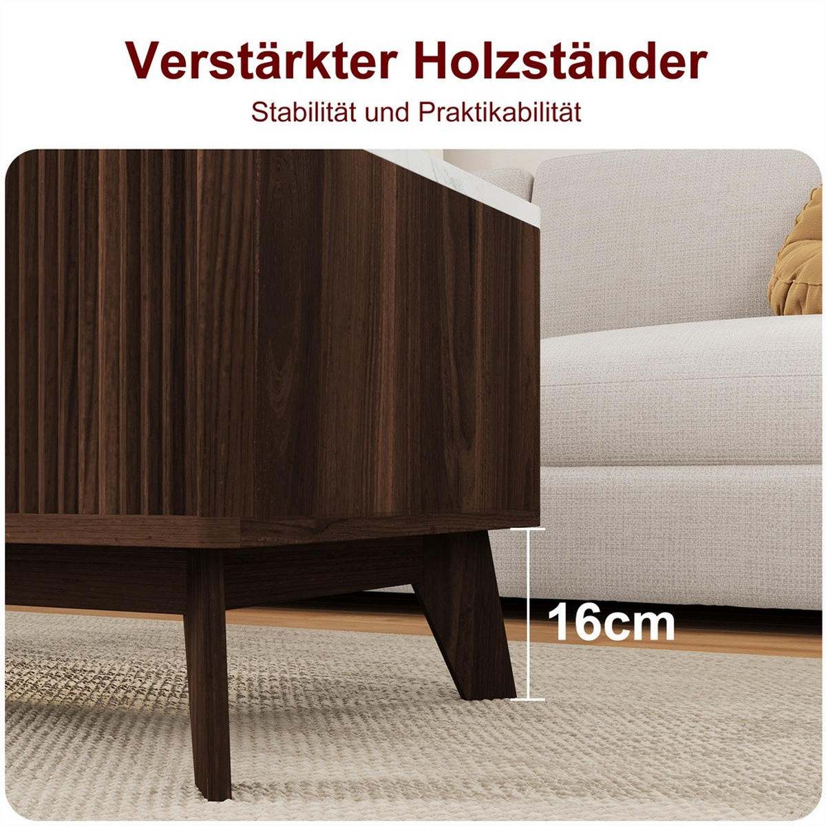 COUCHTISCH in weißer Marmoroptik - Couchtisch Rechteckig mit Lift-Funktion Stauraum und Holzbeinen - Walnuss - Walnussfarben, Holzwerkstoff (53/105/42cm) - DELFA