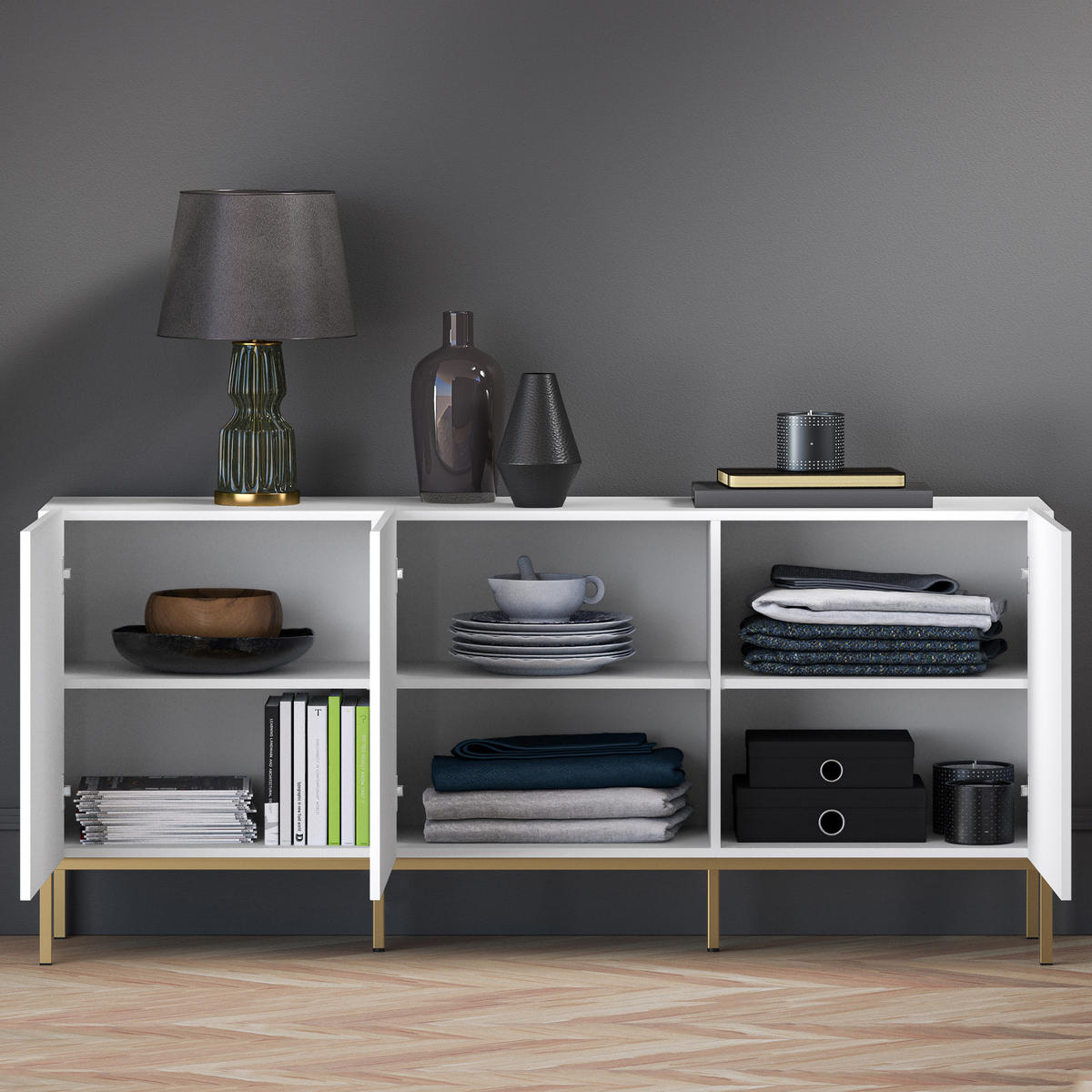 TÜRKOMMODE NEBRO,Weiß/Goldfarben - Goldfarben/Weiß, Holzwerkstoff (170/77/37cm) - KONSIMO®