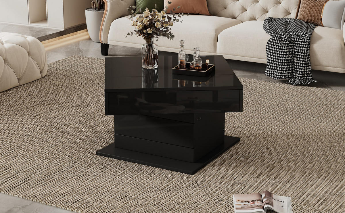 COUCHTISCH, drehbare Liftplatte, Hochglanz Schwarz, 1 Schublade & Stauraum, 70/70/45–59 cm,Schwarz - Schwarz, Holzwerkstoff (70/70/45cm) - Redom