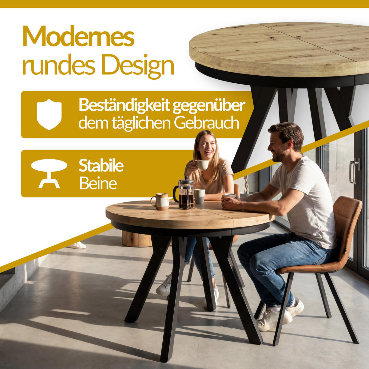RUNDER Esstisch ausziehbar – Moderner Wohnzimmertisch und Küchentisch – Tisch mit Stabile Konstruktion, Durchmesser 80 cm - 130 cm - Farbe Artisan - Hellbraun/Schwarz, Holzwerkstoff (80/80/77cm) - Alpi-Möbel