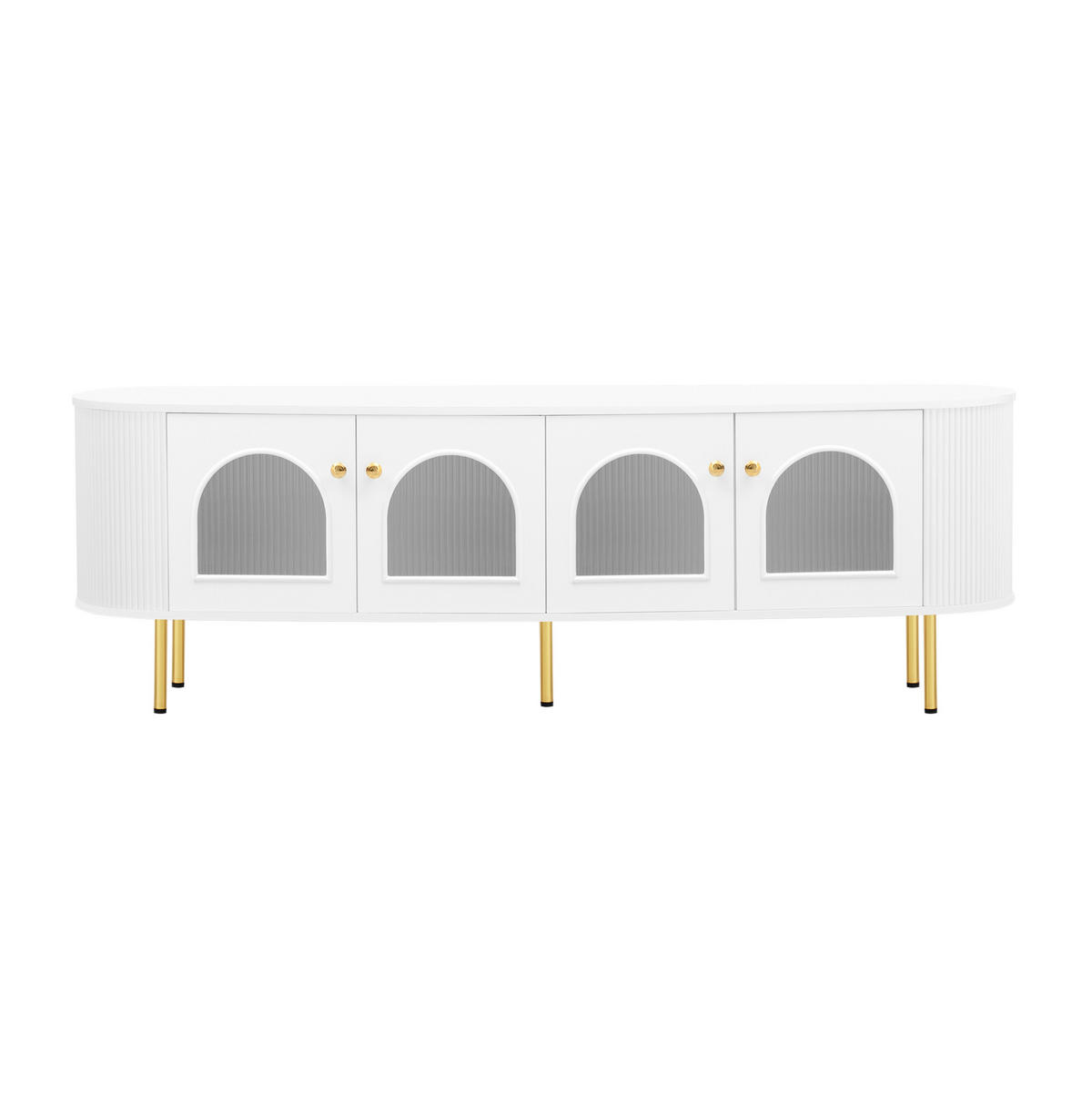 TV-SCHRANK aus MDF 170x35x55 cm Weiß/Gold mit 4 Glastüren, Kabelführung und Dämpfungsscharnieren - Weiß, Holzwerkstoff (170/55/35cm) - Modfu