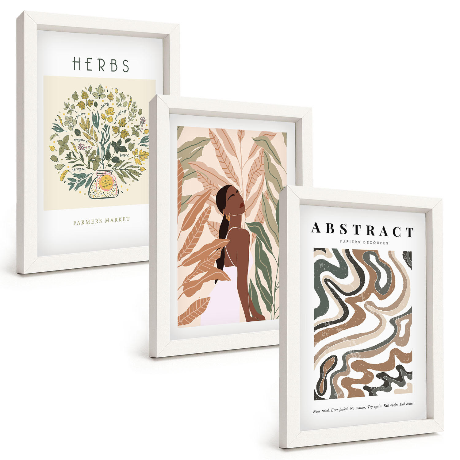 BILDER SET 3er Set - 20x30 cm Weißer Rahmen - Boho-Pastell-Minimalisten-Poster - Weiß, Kunststoff (20/30cm) - TULUP