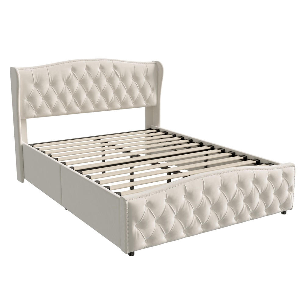 POLSTERBETT 140x200 cm mit hydraulischem Stauraum - Kopfteil und Fußteil im Wellendesign mit Nieten-Dekor - Cremeweiß - Creme, Textil (140/200cm) - DELFA