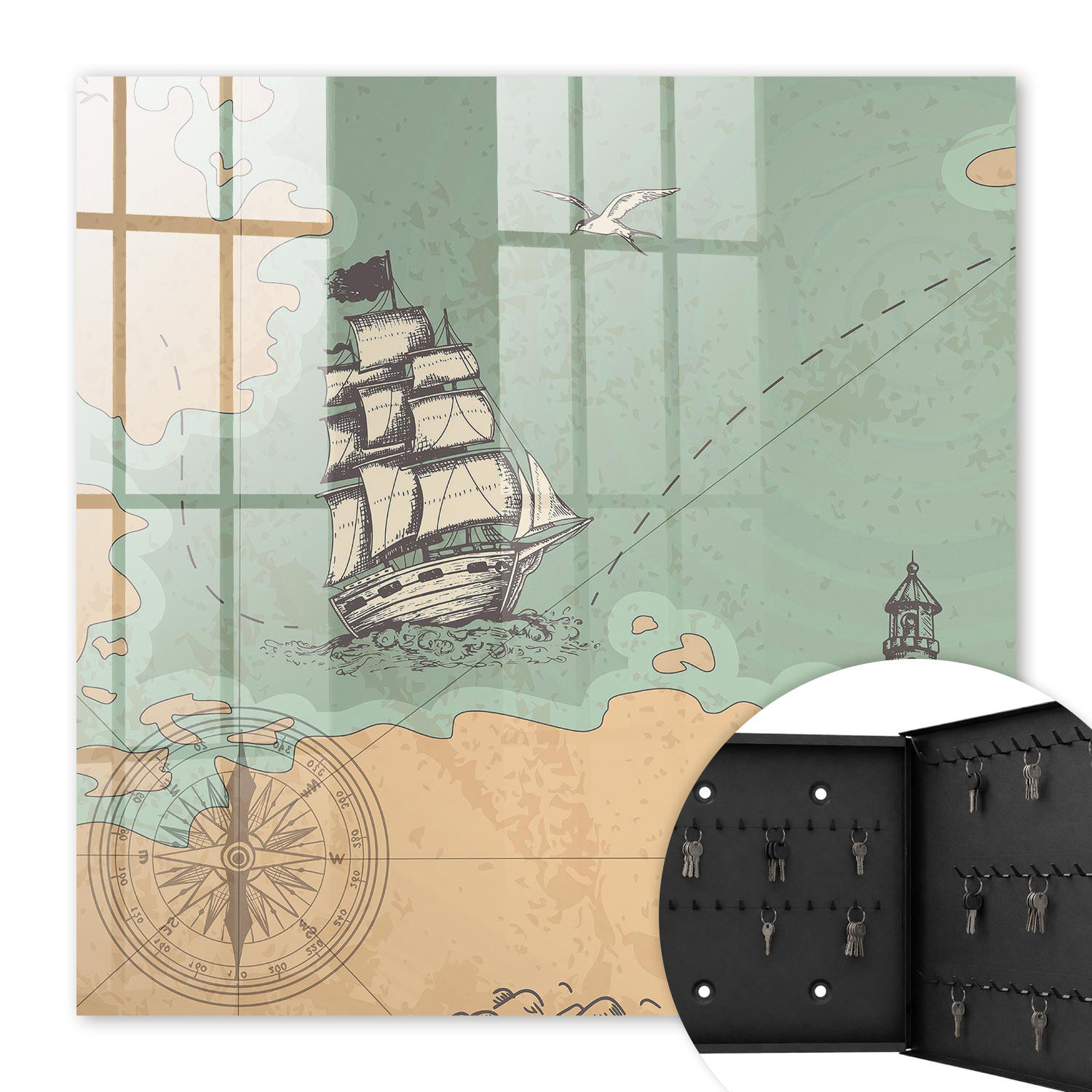SCHLÜSSELBOX Schwarz 30x30 cm- Türöffnung nach rechts - Seeabenteuer - Beige, Metall (30/30/5cm) - TULUP