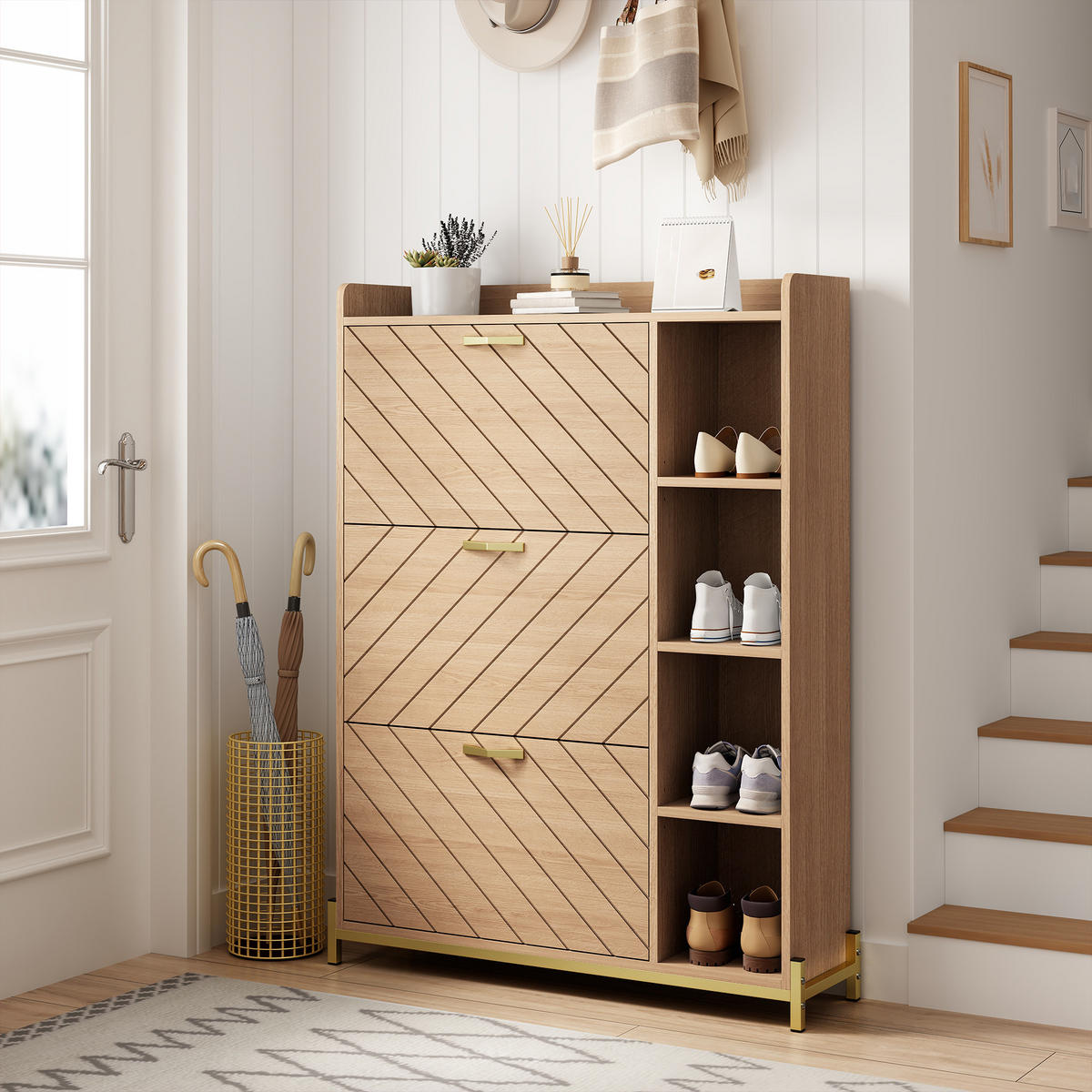 SCHUHSCHRANK 3 Türen Klappdeckel Eiche schmal mit Regalen - Naturfarben, Holz (90/119/24cm) - LEBENLANG