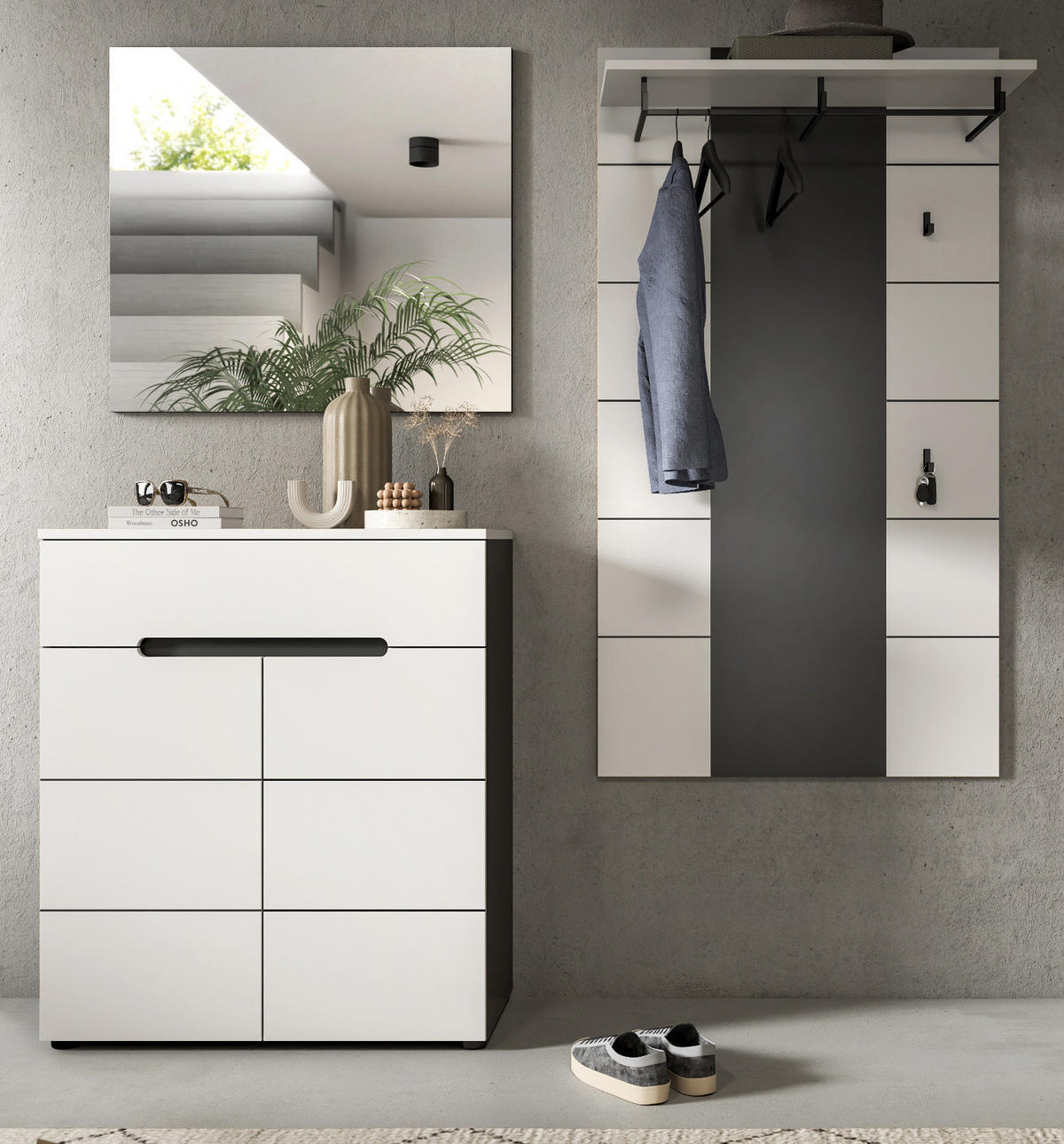 GARDEROBEN-SET 3-teilig weiß, grau 175 cm, Garderobenschränke mit Soft-Close, Cooper - Schwarz/Weiß, Glas/Holzwerkstoff (75/190/37cm) - Inn.Furn
