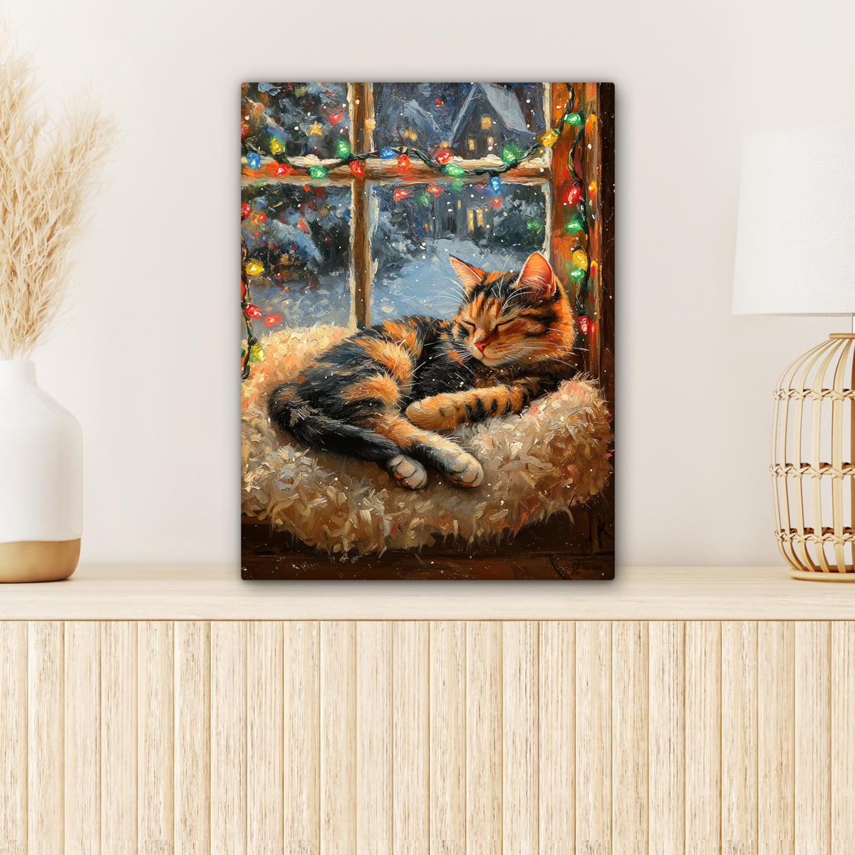 LEINWANDBILD Katze - Weihnachten - Winter - Tier Room Decor 30x40 cm - Bernsteinfarben, Textil (30/40cm) - MuchoWow