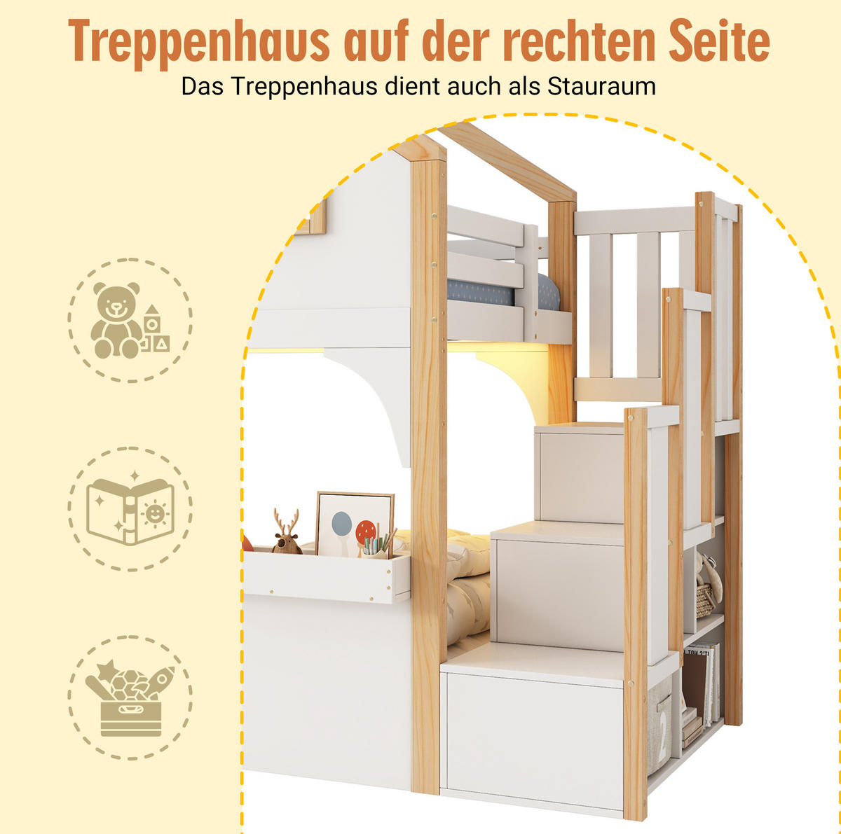 HAUSBETT 90/200 cm in Weiß aus Kiefer mit LED und Stauraumtreppe - Weiß, Holzwerkstoff (90/200cm) - BEAOK