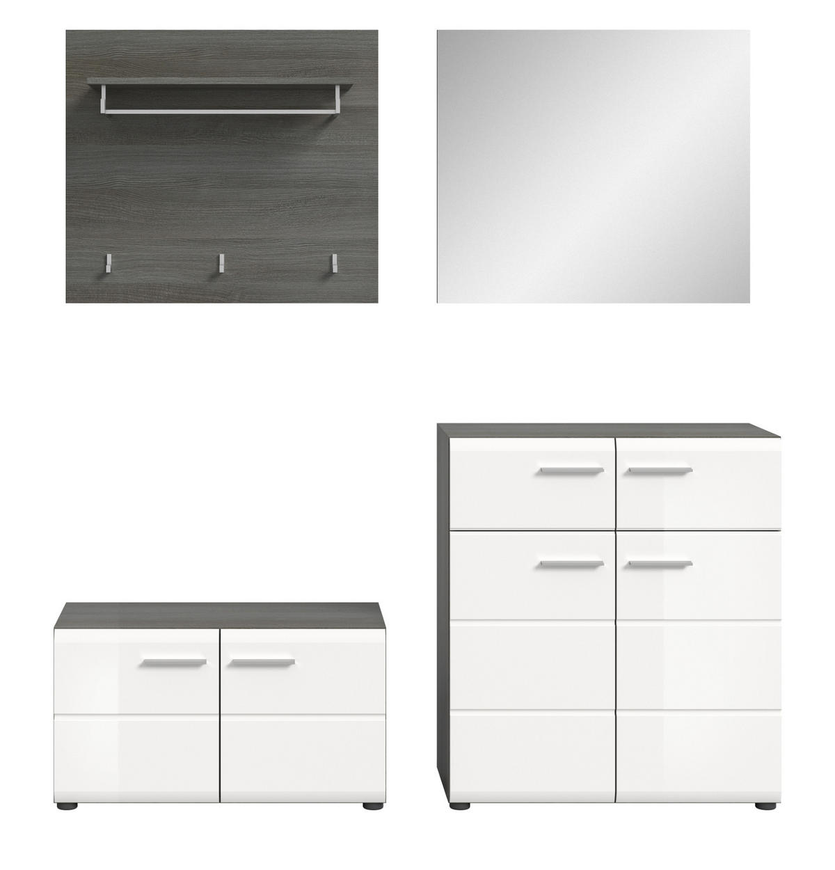 GARDEROBE Set 4-teilig weiß Hochglanz, grau 175 cm, Komplettset mit viel Stauraum - Weiß Hochglanz/Silberfarben, Glas/Holzwerkstoff (175/192/37cm) - Inn.Furn