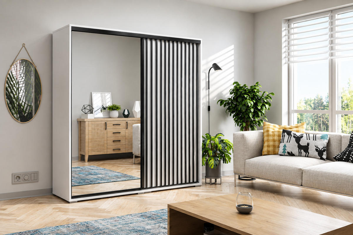 SCHIEBETÜRENSCHRANK Atena Weiß Schwarz mit Lamellen – Moderner Kleiderschrank mit Schwebetüren & Stauraum für Schlafzimmer & Garderobe - Weiß, Holzwerkstoff (150/215/62cm) - BM-Möbel